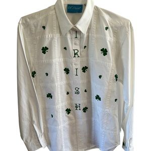 UNIQUE 100% COTTON WHITE BLOUSE WITH “IRISH”& SHAMROCKS EMBROIDERED ON THE FRONT